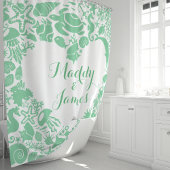 ミントグリーンの海の生き物 カップル ハート モノグラム シャワーカーテン