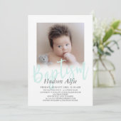 ミントグリーンの筆記体フォト洗礼 招待状 (スタンド正面)