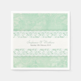 ミントグリーンの紙ナプキンにウェディングホワイトレース スタンダードカクテルナプキン