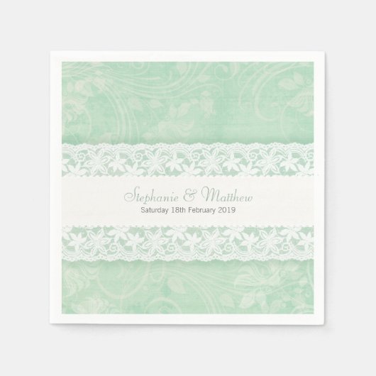 ミントグリーンの紙ナプキンにウェディングホワイトレース スタンダードカクテルナプキン (正面)