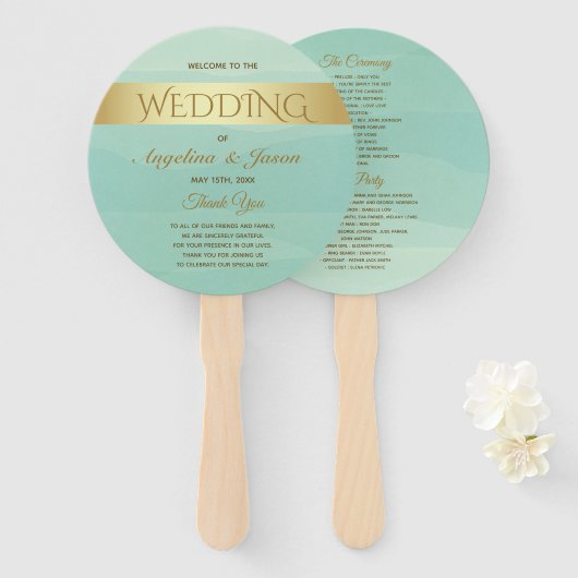 ミントグリーンの結婚式プログラム ハンドファン (正面&裏面)