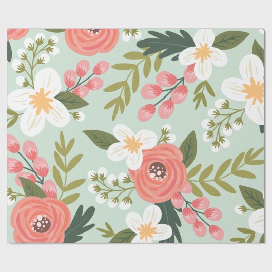 ミントグリーンの緑豊かな民俗花模様 ラッピングペーパー (フラット)