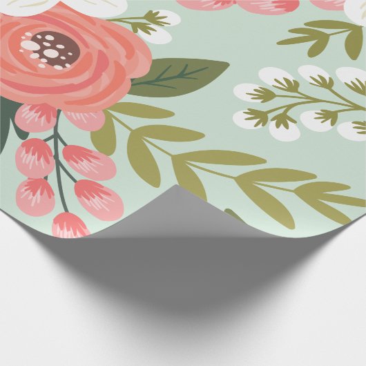 ミントグリーンの緑豊かな民俗花模様 ラッピングペーパー (角)