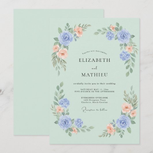 ミントグリーンの繊細な花のウェディング 招待状 (正面/裏面)