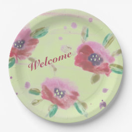 ミントグリーンの美しいピンクの野生のバラ ペーパープレート