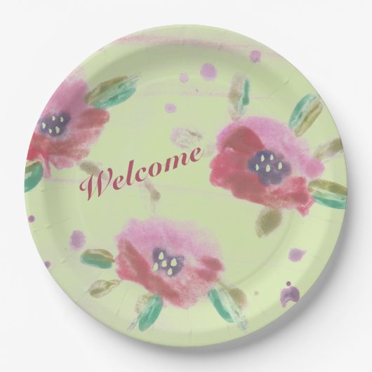 ミントグリーンの美しいピンクの野生のバラ ペーパープレート (正面)