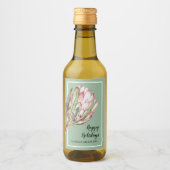 ミントグリーンの背景にトロピカルピンクのプロテアの花 ミニ ワインラベル (正面)