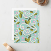 ミントグリーンの背景にピンクの花を付けたつる植物 ノートカード (正面/裏面インサイチュ)