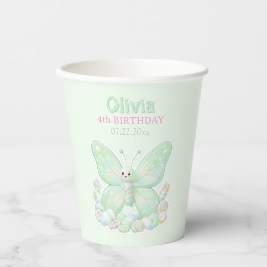 ミントグリーンの蝶の誕生日 紙コップ (正面)