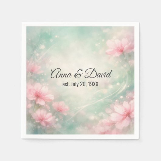 ミントグリーンの記念日結婚式の花 スタンダードカクテルナプキン (正面)