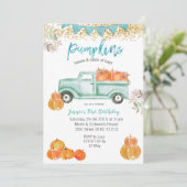 ミントグリーンの誕生日青いパンプキントラックの誕生日 招待状 (スタンド正面)