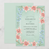 ミントグリーンの静謐なユリの結婚式 招待状 (正面/裏面)