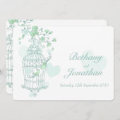 ミントグリーンの鳥がケージを開ける結婚式招待状 招待状 (正面/裏面)