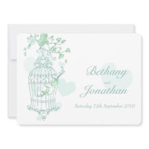 ミントグリーンの鳥がケージを開ける結婚式招待状