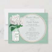 ミントグリーンの麻布、瓶とハイドランジアのブライダルシャワー 招待状 (裏面)