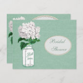 ミントグリーンの麻布、瓶とハイドランジアのブライダルシャワー 招待状 (正面/裏面)