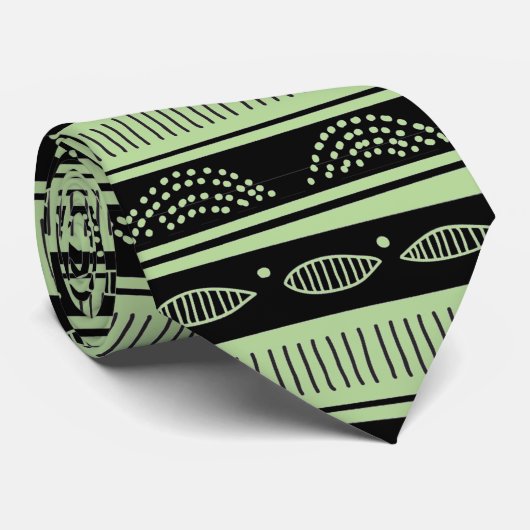 ミントグリーンの黒い部族模様 ネクタイ (ロール)