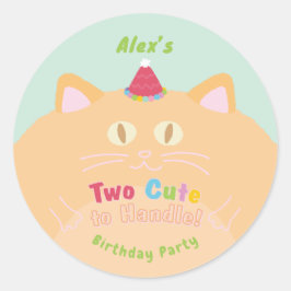 ミントグリーンの「Two Cute to Handle」猫 誕生日パーティー ラウンドシール