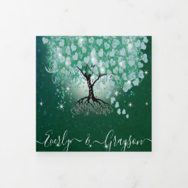 ミントグリーンアクアシーブルーハートリーフツリー結婚ズ 三つ折り招待状