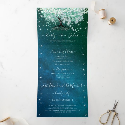 ミントグリーンアクアシーブルーハートリーフツリー結婚ズ 三つ折り招待状 (内部)