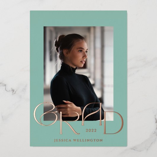ミントグリーンアールデコTyopgraphy大学院写真2022 箔招待状 (正面)