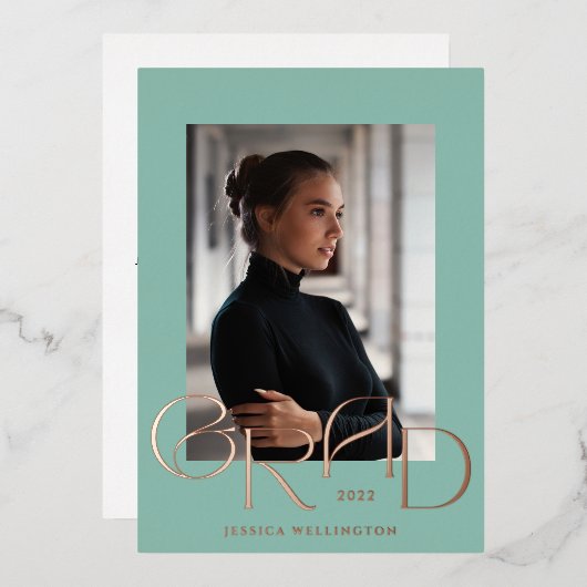 ミントグリーンアールデコTyopgraphy大学院写真2022 箔招待状 (正面/裏面)