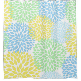 ミントグリーンイエローブルーフローラダリアス花 シャワーカーテン