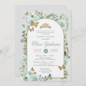 ミントグリーンウォーターカラーゴールデンバタフライキンセアニェラ 招待状 (正面/裏面)