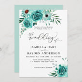 ミントグリーンウォーターカラーフローラエレガントな結婚式 招待状 (正面/裏面)
