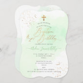 ミントグリーンウォーターカラー洗礼+1歳の誕生日 招待状 (正面/裏面)