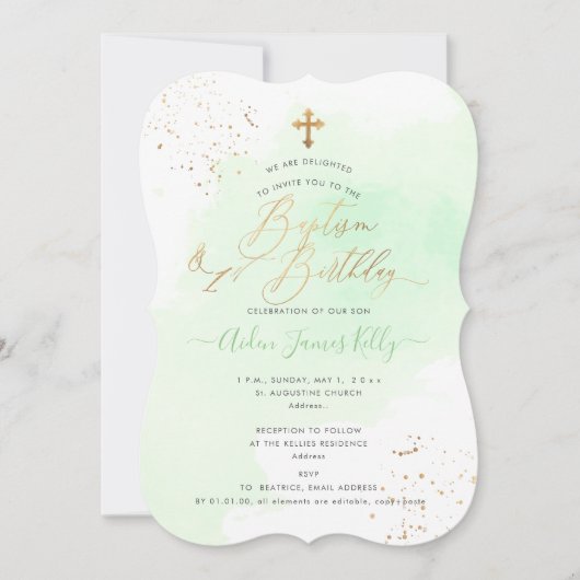 ミントグリーンウォーターカラー洗礼+1歳の誕生日 招待状 (正面)