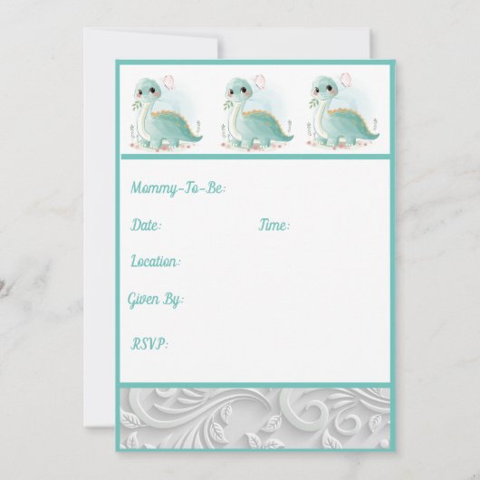 ミントグリーンウォーターベビー恐竜シャワー 招待状 (裏面)