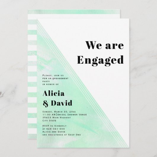 ミントグリーンウォーター色ストライプ婚約パーティ 招待状 (正面/裏面)