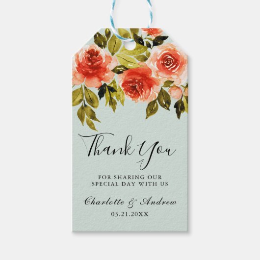 ミントグリーンウォーター色バラ結婚ズサンキュー ギフトタグ (正面)