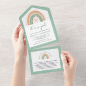 ミントグリーンウォーター色ボホレインボーベビーシャワー オールインワン招待状 (貼ってはがせる)