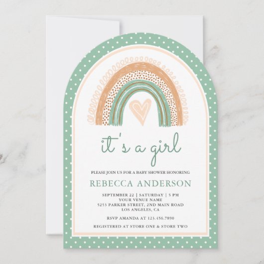 ミントグリーンウォーター色レインボーアーチベビーシャワー 招待状 (正面)