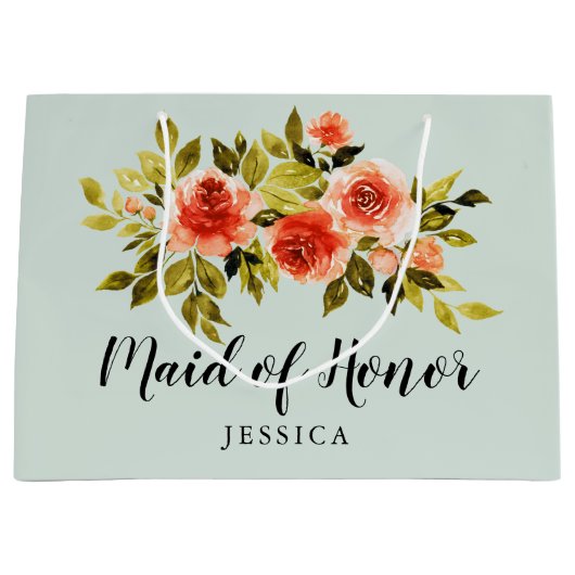ミントグリーンエレガントウォーターカラーフローラメイド・オブ・オーナー(花嫁付き添い人) ラージペーパーバッグ (正面)