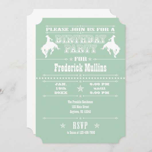 ミントグリーンカウボーイロデオ誕生日パーティーの招待状 招待状 (正面/裏面)