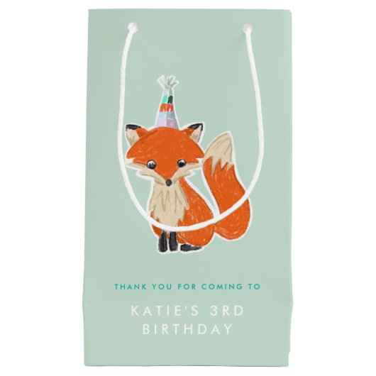 ミントグリーンキュートキツネパーティーハットウッドランド誕生日 スモールペーパーバッグ (正面)