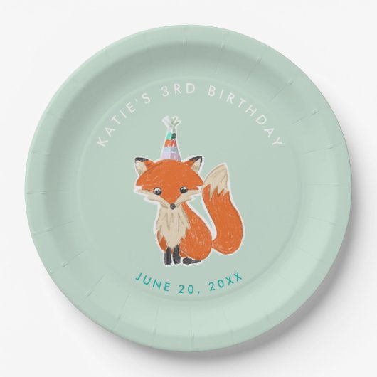 ミントグリーンキュートキツネパーティーハットウッドランド誕生日 ペーパープレート (正面)