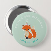 ミントグリーンキュートキツネパーティーハットウッドランド誕生日 缶バッジ (正面&裏面)