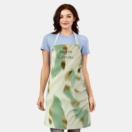 ミントグリーンクリーム金ゴールド牛革 エプロン (着用した状態)