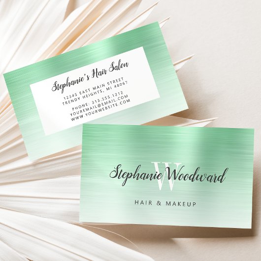 ミントグリーングラデーションブラシ仕上げ金属モノグラムヘアサロン 名刺