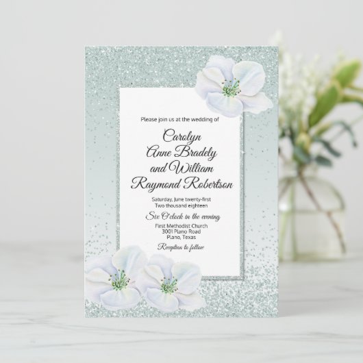 ミントグリーングリッターとフラワーズ結婚式招待状 招待状 (スタンド正面)