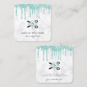 ミントグリーングリッターのはさみフローラヘアスタイリスト スクエア名刺 (正面/裏面)