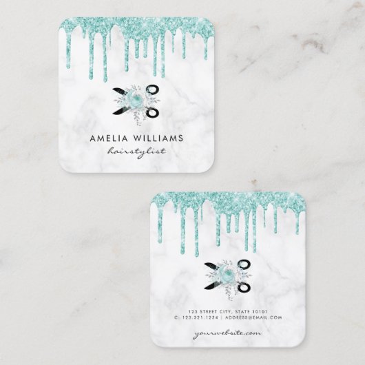 ミントグリーングリッターのはさみフローラヘアスタイリスト スクエア名刺 (正面/裏面)