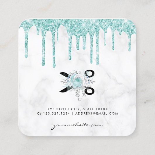 ミントグリーングリッターのはさみフローラヘアスタイリスト スクエア名刺 (裏面)