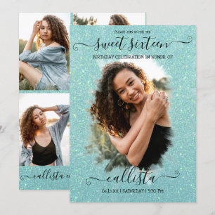 ミントグリーングリッターハローフォトコラージュスウィート16 招待状