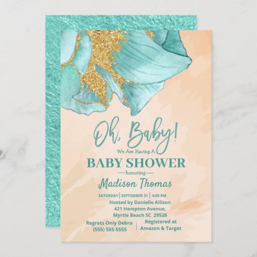 ミントグリーングリッターバラボーイズベビーシャワー 招待状 (正面/裏面)