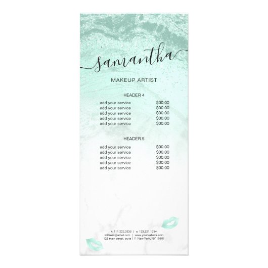 ミントグリーングリッター唇の大理石メイクアップアーティスト ラックカード (裏面)